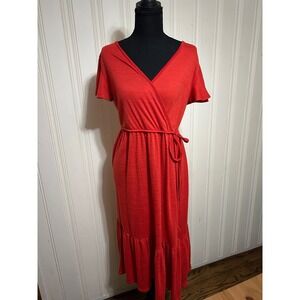 Max Studio S Red Faux Wrap Midi Dress Flutter Sleeve Ruffle Tiered Cottage Boho